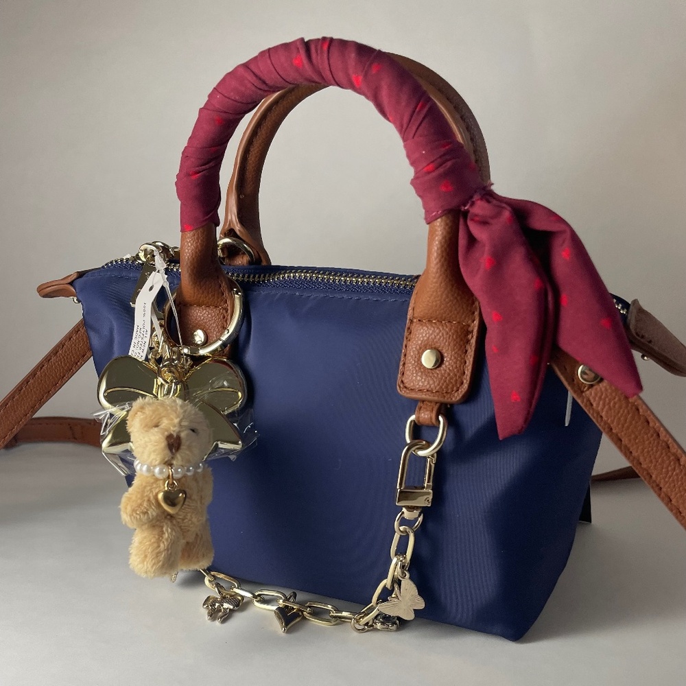 Madden Girl Mini Tote Navy with Tan Straps New with Tags (NWT) w Bag Charms